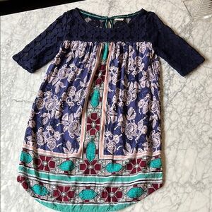 Anthropologie Blue and Green Blouse with Vibrant Patterns